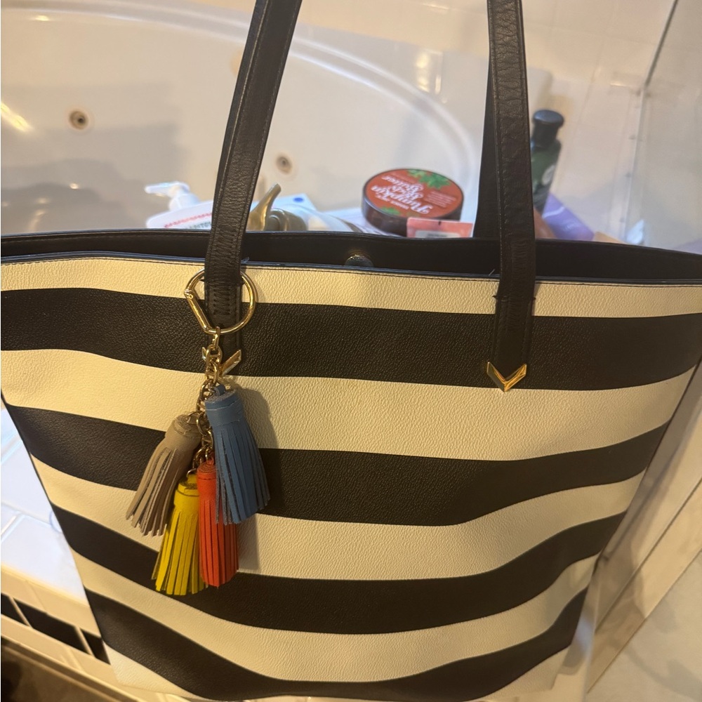 Stella and Dot Striped Black and White Tote Bag with Tassels